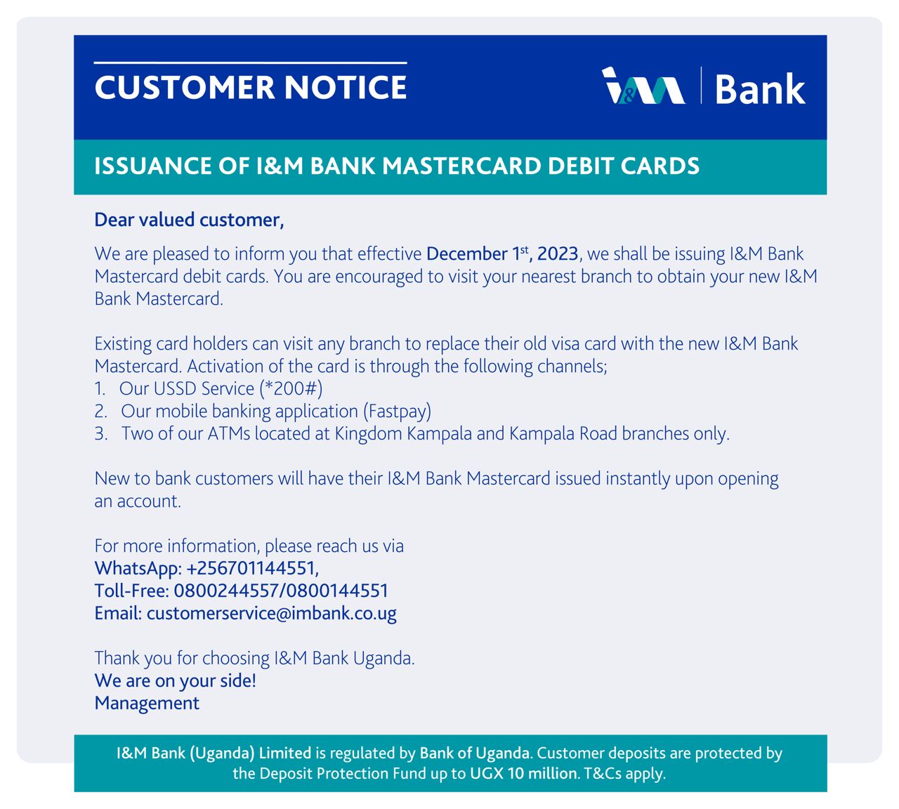 Issuance of I&M Bank Mastercard Debit Cards